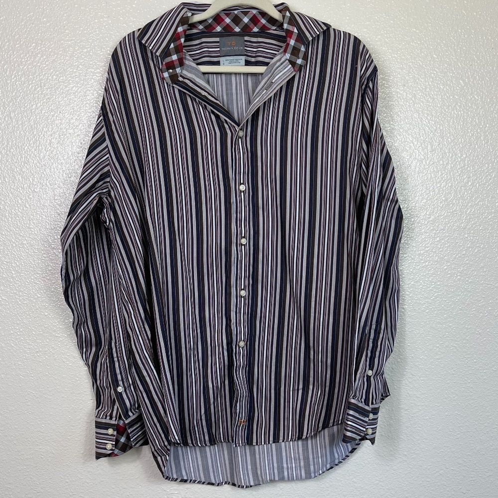 THOMAS DEAN Flip Cuff Pima Cotton Shirt Men’s size L Black Brown Taupe Stripe